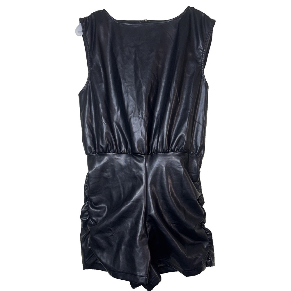 NWT WeWoreWhat Vegan Leather Ruched Muscle‎ Tank Romper Black Size L Edgy Chic